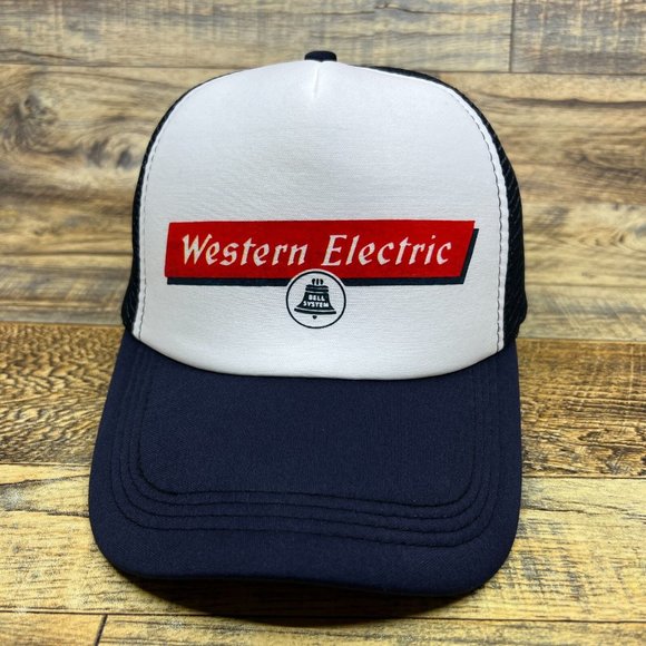Western Electric Mens Trucker Hat Navy Snapback 1953 Vintage Logo Baseball Cap - Picture 2 of 8